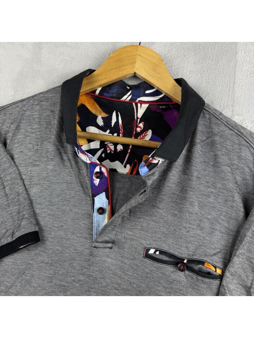 Au Noir Men 1XL Gray Polo Shirt Floral Trim Contrast Collar Casual Preppy Summer